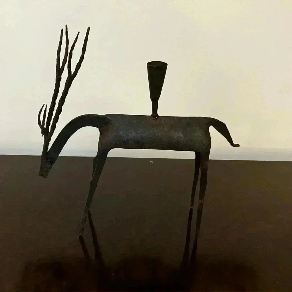 Brutalist MCM Metal Rustic Antelope/Deer Candlestick Holder Fall/Holiday